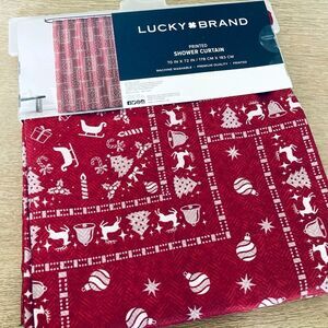 Lucky Brand Red Reindeer Print Christmas Fabric Shower Curtain
